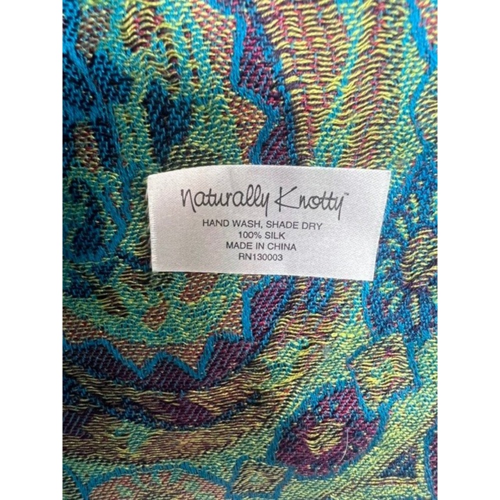 Naturally Knotty 100% Silk Jacquard Scarf Wrap TealBlue Paisley Fringe Shawl EUC - Picture 3 of 3
